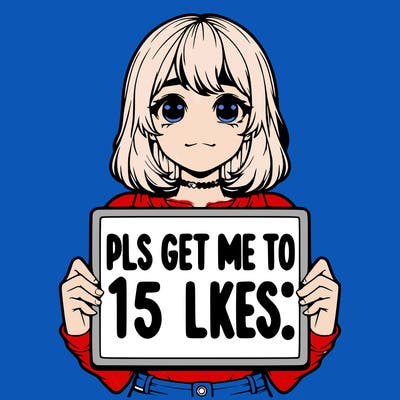 realistic girl holding up a sign that says “pls get me to 15 likes!”