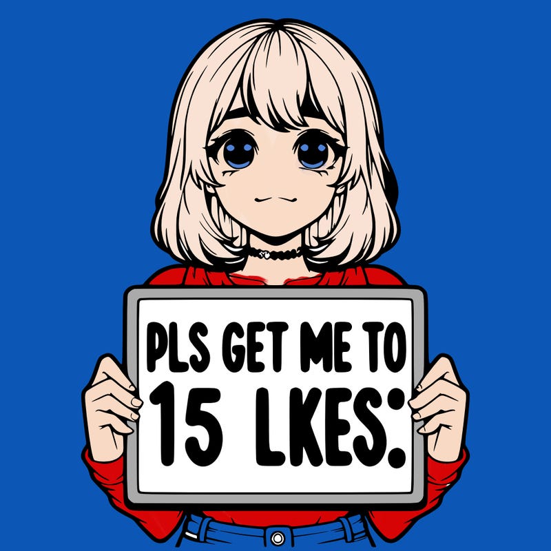 realistic girl holding up a sign that says “pls get me to 15 likes!”