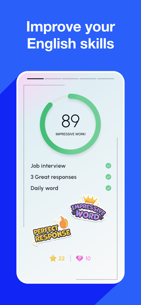 Speak English with Loora AI - 英語の流暢さスコアと就職面接の進捗状況を示すLoora AIアプリのダッシュボード。