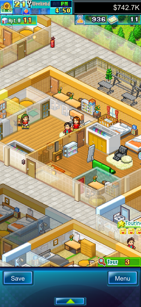Dream House Days DX - Simulazione in pixel art di un layout di appartamento arredato con personaggi in Dream House Days DX