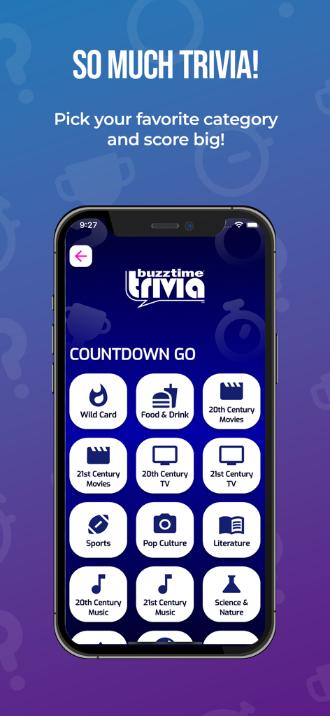 Buzztime Trivia - Buzztime Trivia app screen displaying a variety of game categories including Sports, Pop Culture, and Movies.