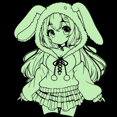pretty anime girl wearing a fluffy hoodie with bunny ears on the hood and a skirt