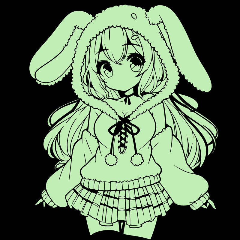 pretty anime girl wearing a fluffy hoodie with bunny ears on the hood and a skirt