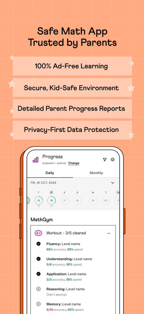 Safe math app for kids with detailed parent progress reports and ad-free learning.