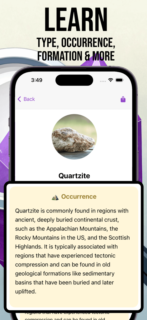 Rock Identifier - Crystal Id - A mobile screen showing the identification of a quartzite rock and detailed information about its geographical occurrence.