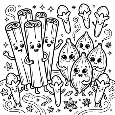 Embark on a delightful coloring journey with our cheerful spicy friends! This page brings personified cinnamon, cardamom, and cloves to life, perfect for young artists to explore vibrant flavors.