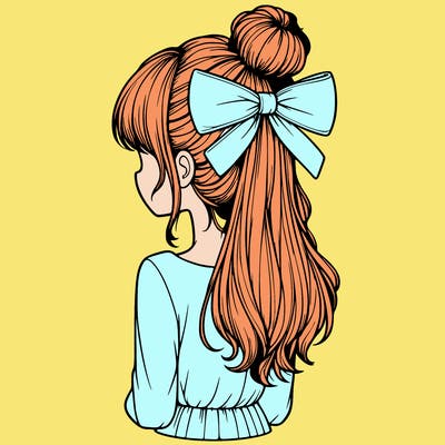 realistic girl  with hip length hair a bun and a big bow on the back of head