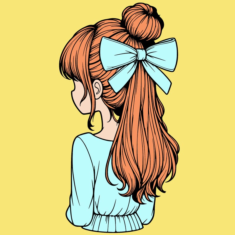 realistic girl  with hip length hair a bun and a big bow on the back of head