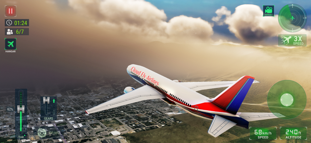 A commercial airplane flying over a city with a realistic flight simulator interface and 3D graphics.