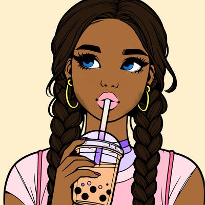 realistic girl with braided hair drinking boba