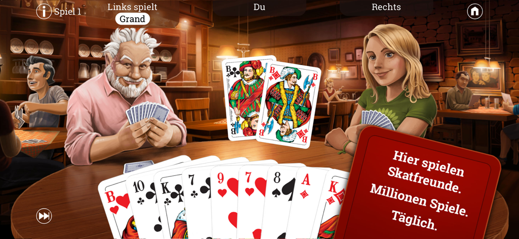 Skat - Una sesión digital del juego de cartas Skat en un acogedor ambiente de taberna que muestra la mano de un jugador y dos oponentes de computadora.