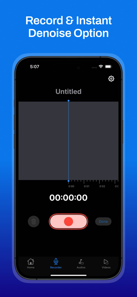 Smartphone screen showing the record and instant denoise interface of the Audio Noise Reducer app