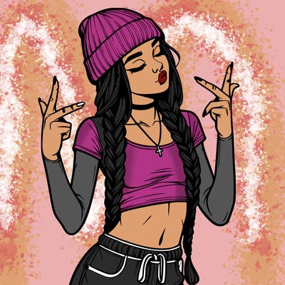 realistic teenage girl with braids and a beanie and crop top doing 🫶🏼