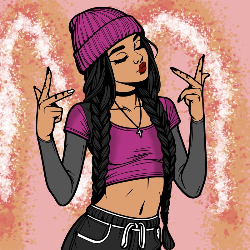 realistic teenage girl with braids and a beanie and crop top doing 🫶🏼