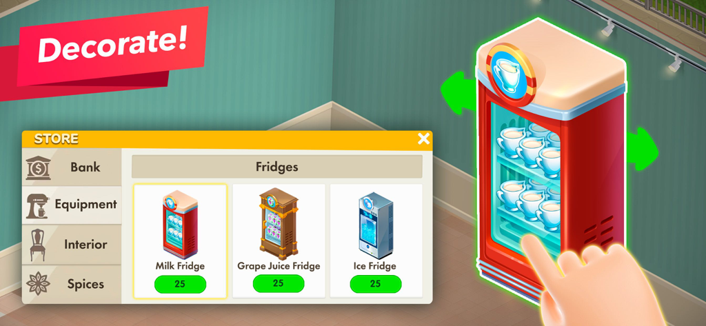 A gameplay screenshot of My Cafe showing the equipment store menu and a player placing a milk fridge in their cafe