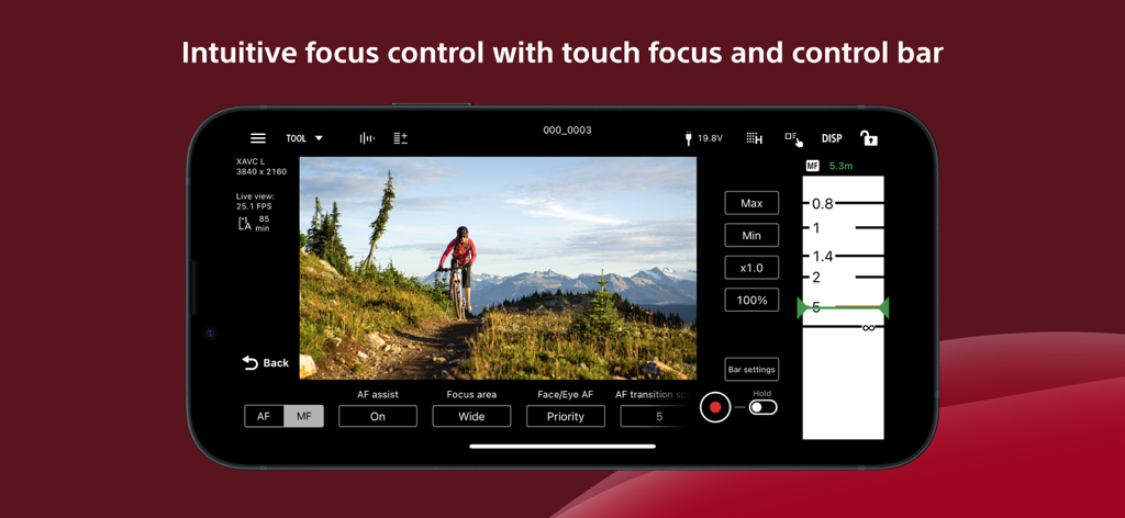 Interfaccia dell'app Sony Monitor and Control che mostra lo slider di messa a fuoco manuale e le impostazioni di messa a fuoco touch per il filmmaking