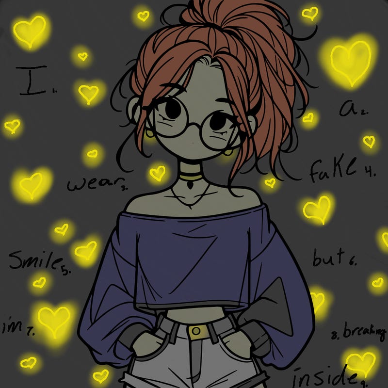 girl with a messy ponytail glasses a baggy crop top and jean shorts