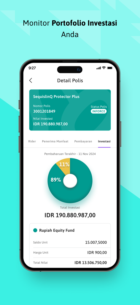 Sequis App - Sequis App interface displaying policy investment details and an asset allocation pie chart