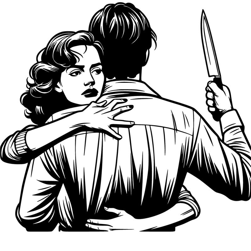 a realistic woman hugging a man holding a knife