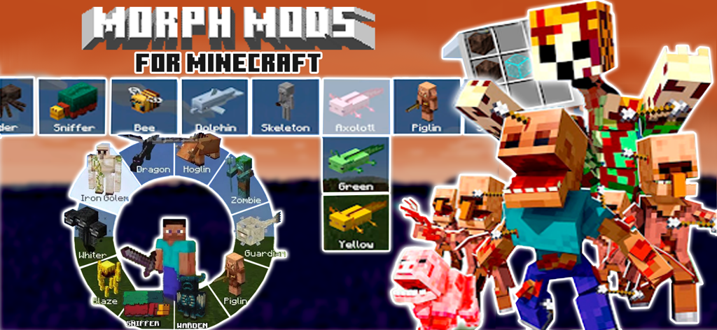 MCPE MORPH MODS FOR MINECRAFT - Minecraft morph mods interface showing various mobs to transform into