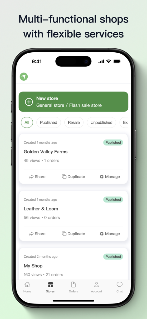 Airmart Seller - Airmart Seller mobile interface showing a list of published online shops and a new store button.