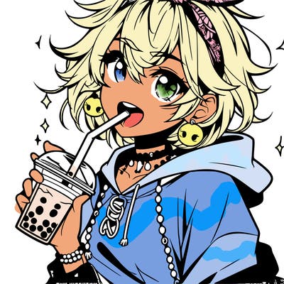 hot baddie anime girl drinking boba and biting the straw