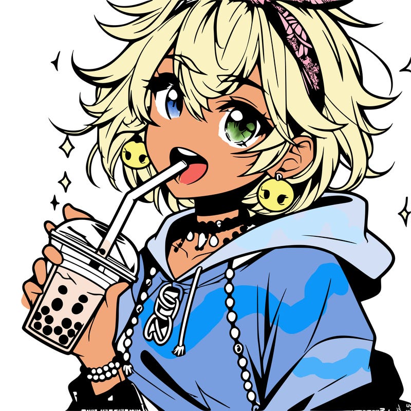 hot baddie anime girl drinking boba and biting the straw