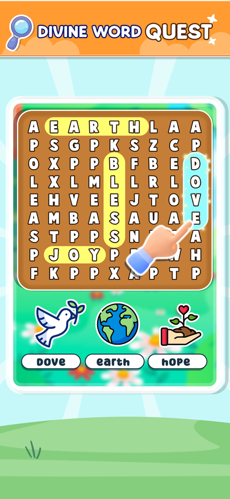 Bible Word Search Puzzle Games - Jogabilidade de Quebra-Cabeça de Busca de Palavras Bíblicas mostrando uma grade com palavras religiosas como Terra e Abençoe.