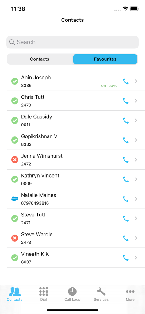Unity-Mobile - Unity-Mobile app interface showing favorite business contacts with status indicators