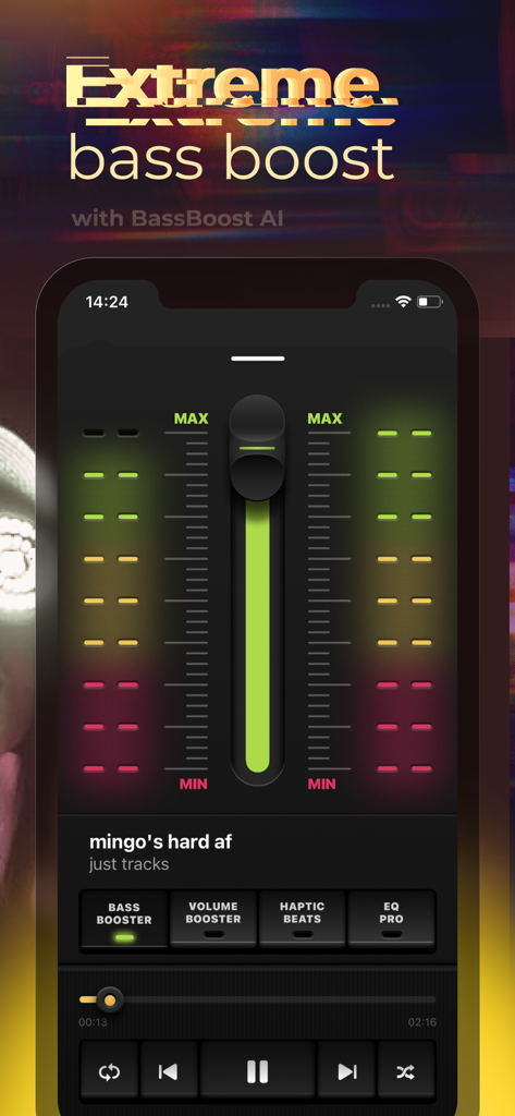 Bass Booster - Sound Amplifier - Bass Booster app interface showing extreme bass boost level and sound amplifier controls