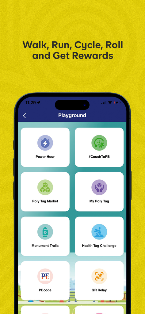 Street Tag - Interface of the Street Tag app Playground showing gamified fitness challenges and reward options