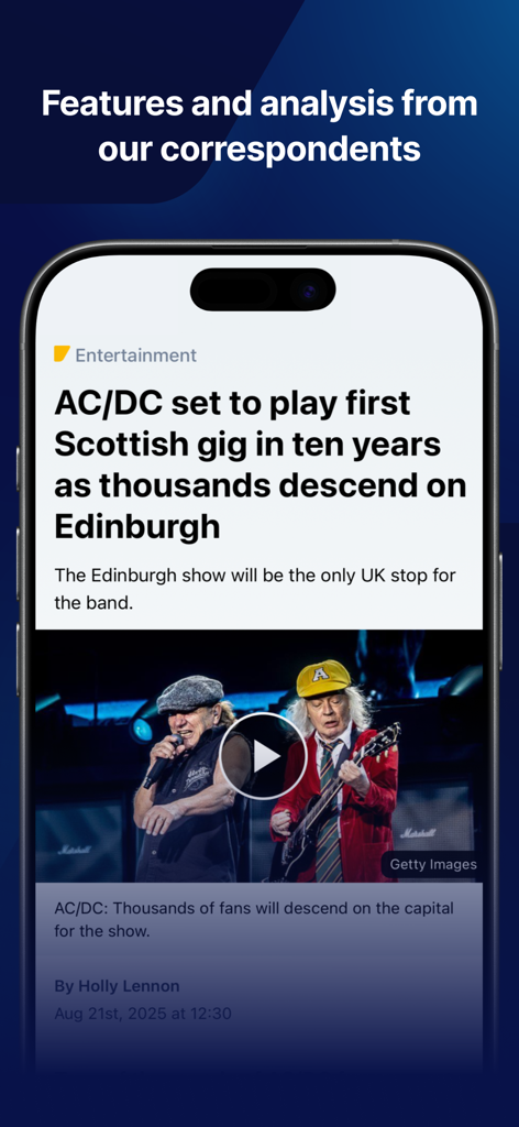 STV News - STV News app screen displaying an entertainment article about AC/DC performing in Edinburgh.