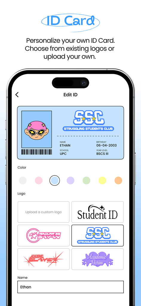 Folderly - Academic Organizer - Pantalla de personalización de tarjeta de identificación de estudiante en la aplicación Folderly.