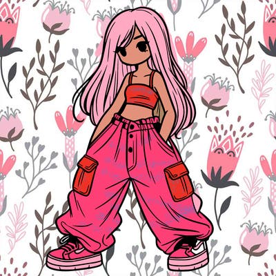 girl in baggy pants, crop top, and long hair