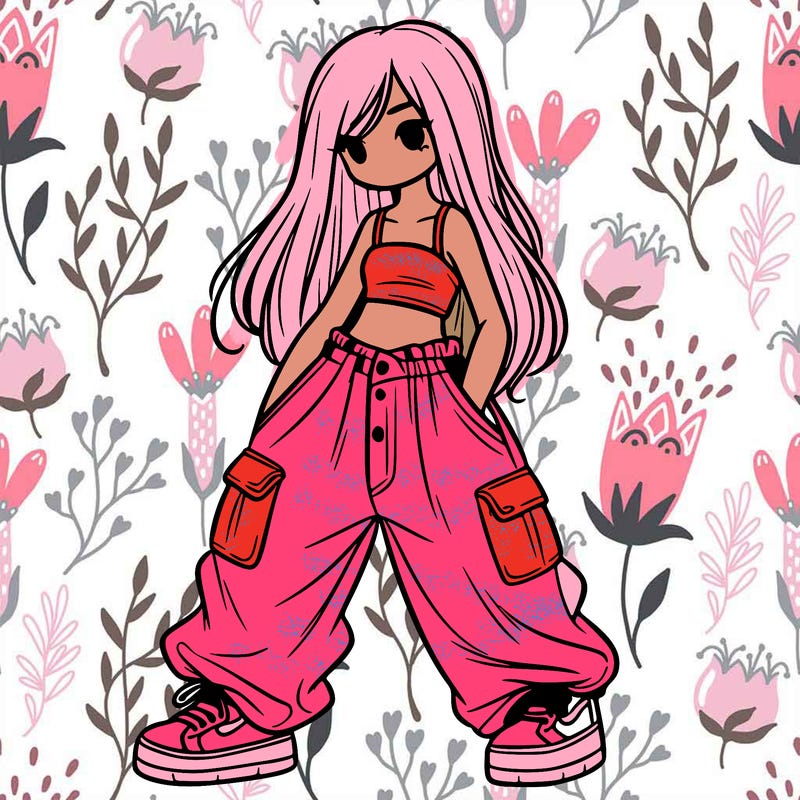 girl in baggy pants, crop top, and long hair