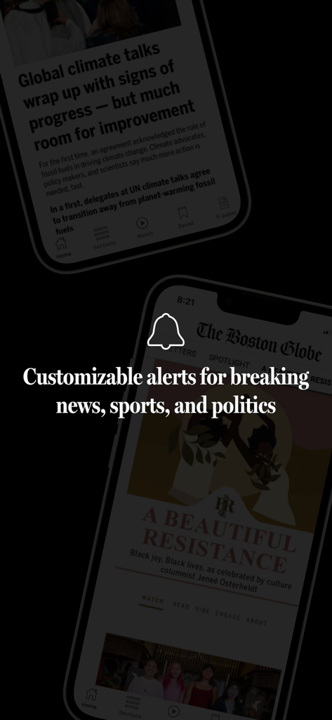 The Boston Globe mobile app interface showing customizable news alerts and a notification bell icon.