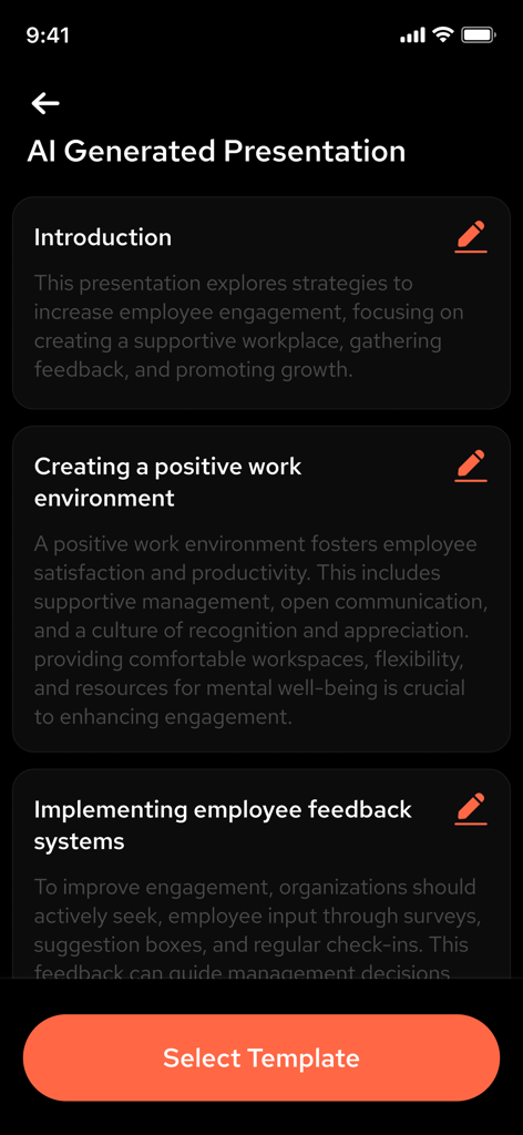 Ai PPT Maker App : PPT Editor - Interfaz móvil que muestra un esquema de presentación generado por IA con bloques de contenido editables y un botón Seleccionar Plantilla