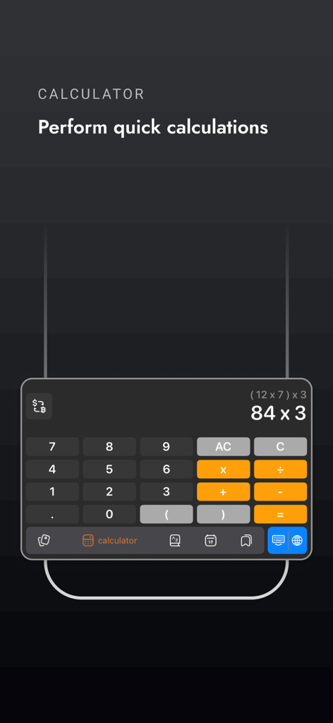 Captura de pantalla de FlexiBoard mostrando una función de calculadora integrada en el teclado para cálculos rápidos.