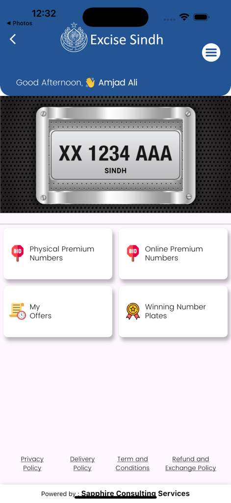 Excise Sindh - Dashboard of the Excise Sindh mobile app showing options for premium number plates and vehicle verification features