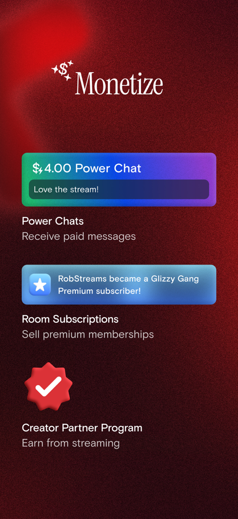 Power ChatsやRoom Subscriptionsを含む、Playbackアプリの収益化機能。