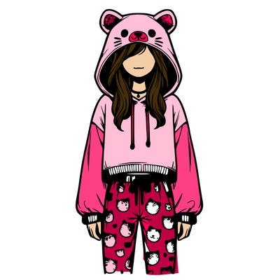 realistic girl wearing animal pj's oversized hoodie crop top and leggings full body picture