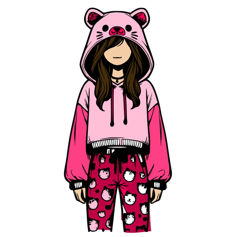 realistic girl wearing animal pj's oversized hoodie crop top and leggings full body picture