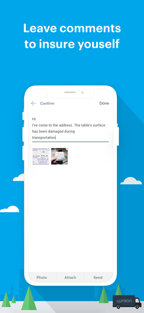 Logistics Mobile - Logistics Mobile app screen for adding delivery comments and photos for proof of delivery