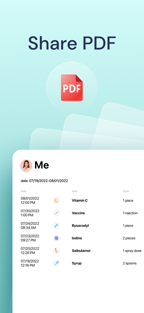 Prévia do registro do histórico de medicamentos para exportação e compartilhamento em PDF