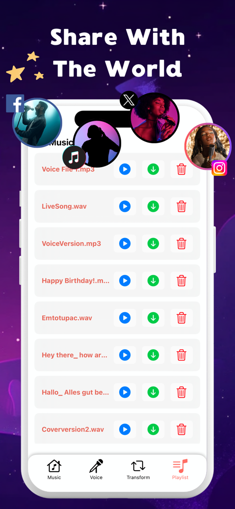 BeatBot: AI Music Generator - A mobile app interface titled Share With The World showing a playlist of AI-generated music files with options to play download delete and share to social media platforms like Instagram and Facebook