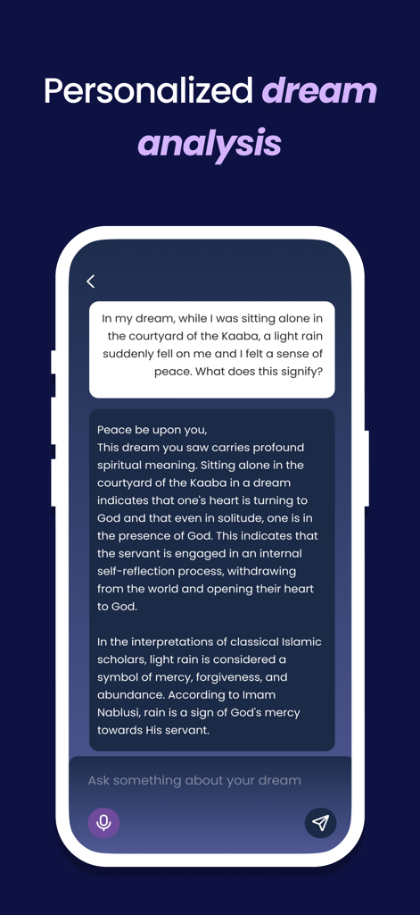 Tabeer: Islamic Dream Meaning - Smartphone interface showing a personalized Islamic dream interpretation analysis