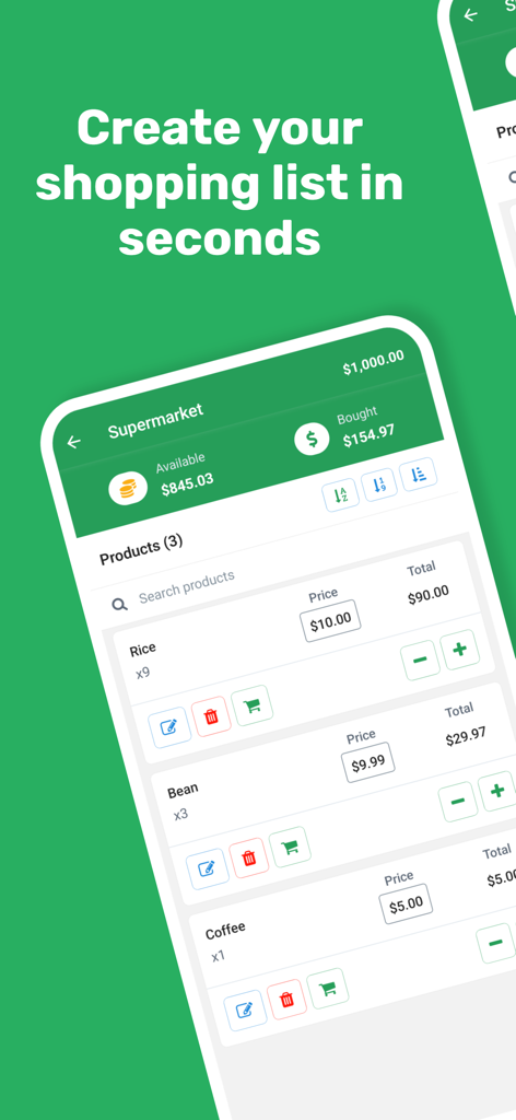 Grocery Shopping List - Listay - A grocery shopping list app displaying itemized prices and a real-time budget calculator