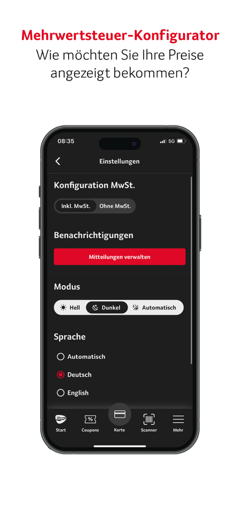 Selgros (New) - Einstellungsbildschirm der Selgros-App, der die Mehrwertsteinkonfiguration für Nettopreise oder Bruttopreise und das Dark-Mode-Design anzeigt.