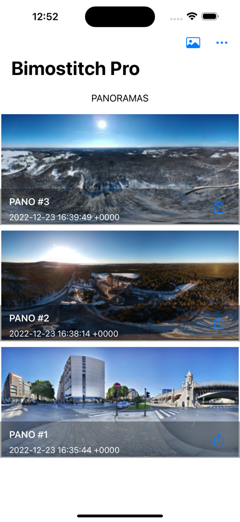 Bimostitch Pro app gallery screen showing multiple saved panoramic photos