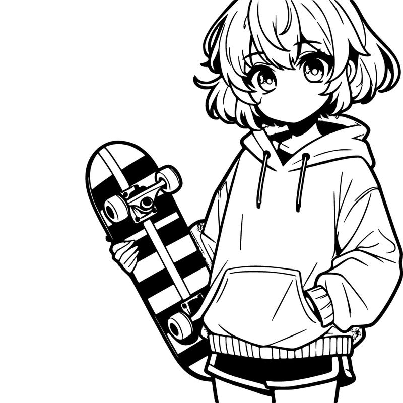 anime girl with a boy hair cut in sweatsuit holding skateboard
